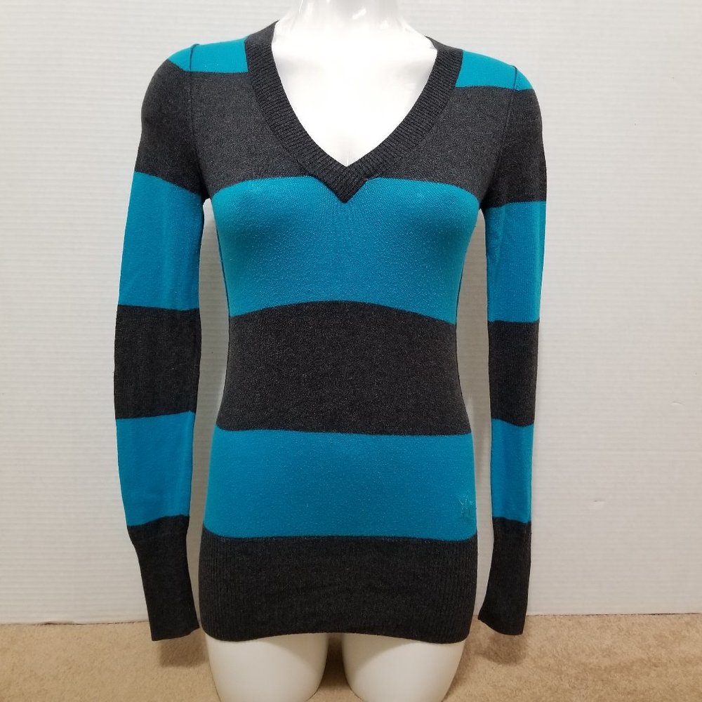 Nollie Teal & Charcoal Wide-Stripe V-Neck Sweater
